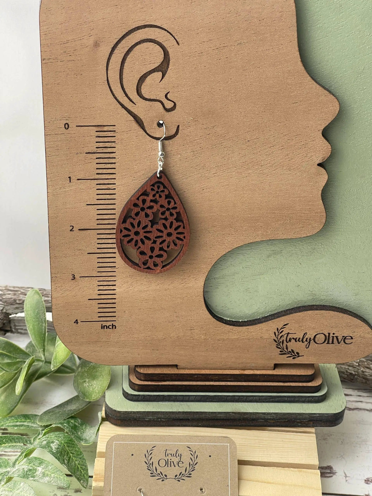 Truly Olive Stunning Wood Mandala Earrings in a Unique Teardrop Shape - Earrings Dangle Earrings