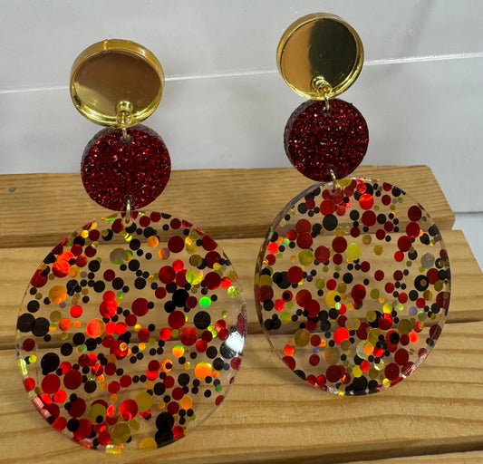 Truly Olive Tiered Red and Gold Confetti Acrylic Earrings - Earrings Dangle Earrings