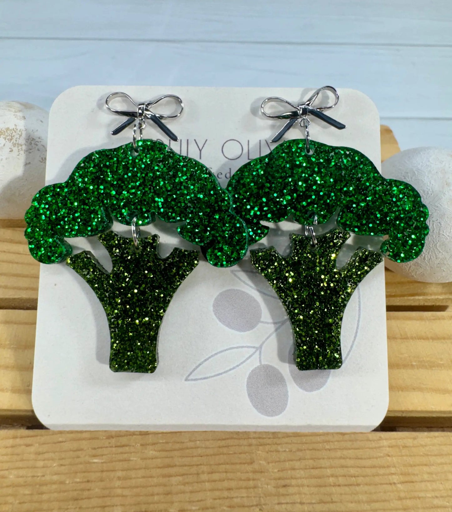 Truly Olive Shiny Shimmery Broccoli Earrings - Earrings Dangle Earrings