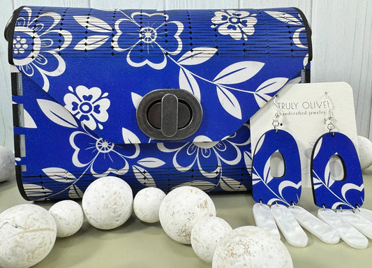 Truly Olive Cobalt Blue Flower Pattern Wood Handbag Clutch Purse - Clutch Bags Clutch Bag - Women's