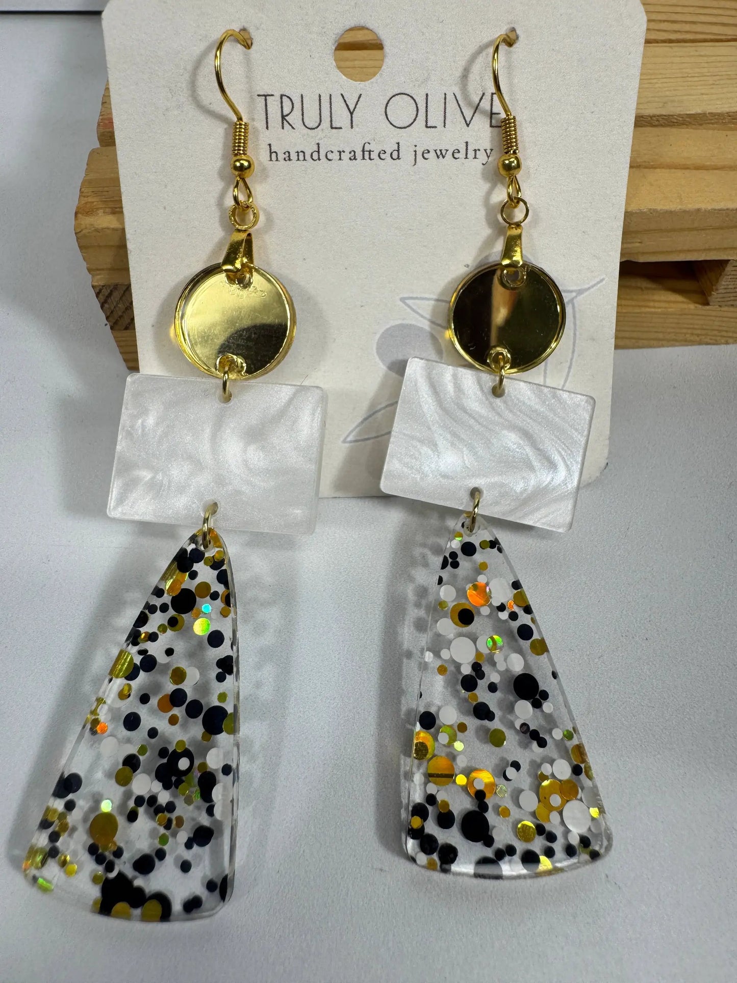 Truly Olive Long Gold Black and White Sparkly Confetti Acrylic Earrings - Earrings Dangle Earrings