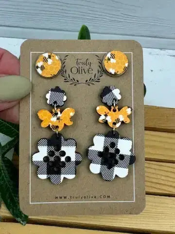 Truly Olive Buffalo Plaid Bumble Bee Earrings - Earrings Dangle Earrings