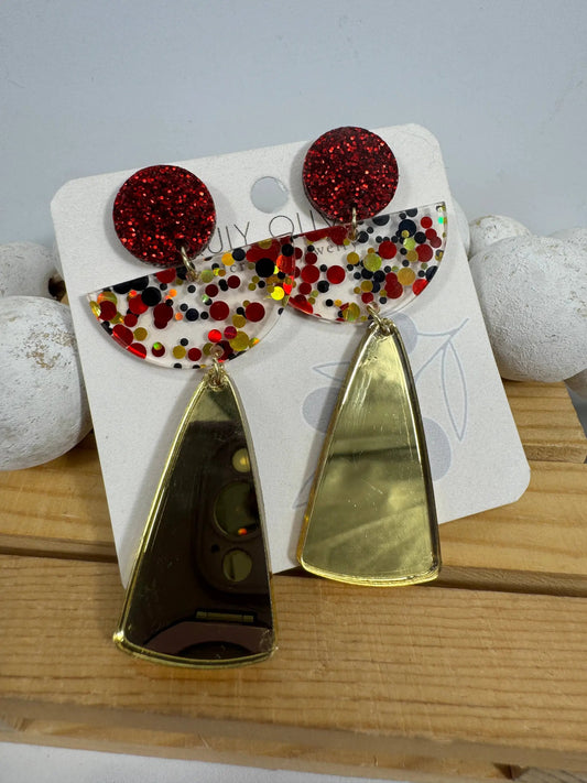 Truly Olive Red and Gold Angel Acrylic Confetti Holiday Earrings - Earrings Dangle Earrings