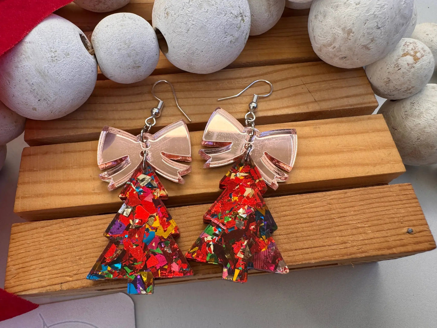 Truly Olive Glitter Christmas Trees With Rose Gold Bow - Earrings Dangle Earrings
