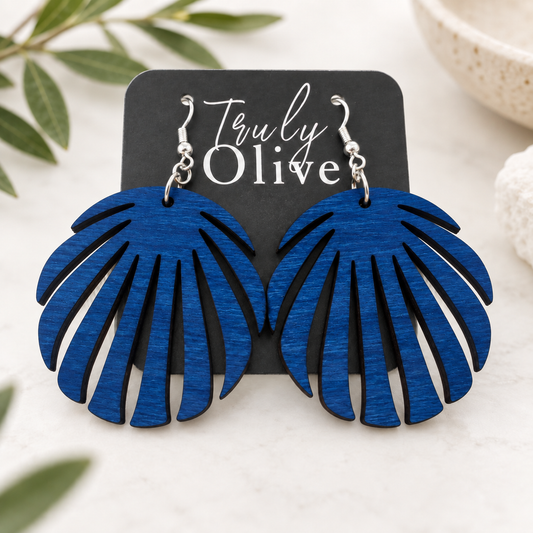 Truly Olive Wooden Monstera Leaf Earrings | Six Stain Options - Earrings Dangle Earrings