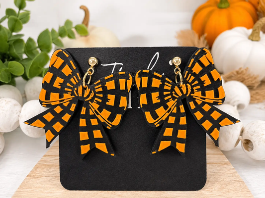 Truly Olive Orange Black Coquette Bow Halloween Earrings Handmade Statement - Earrings Stud/Post Earrings