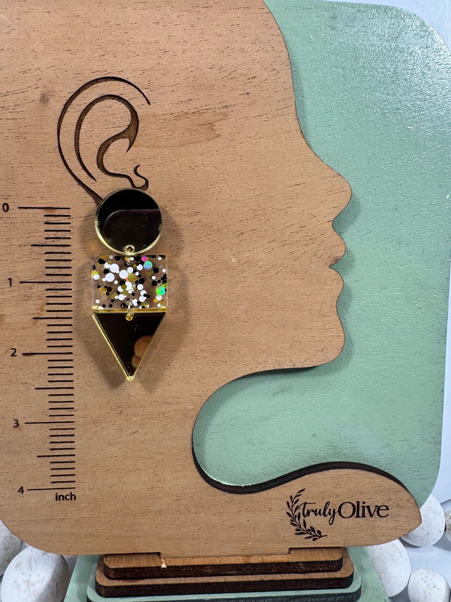 Truly Olive Gold Black and White Glitter Confetti Acrylic Earrings - Earrings Dangle Earrings