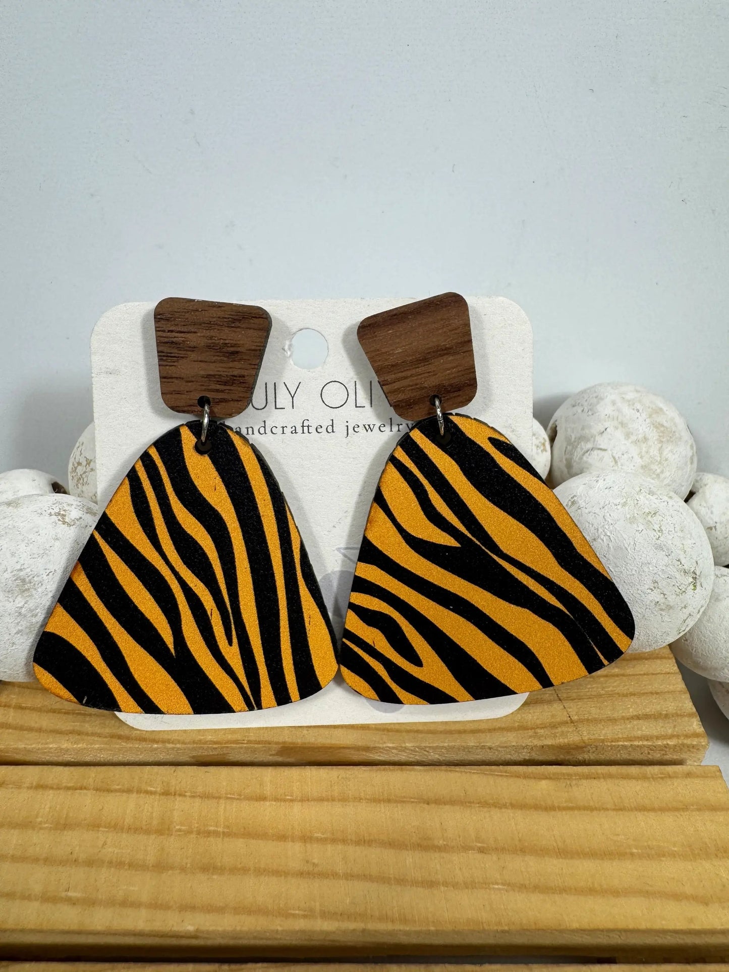 Truly Olive Exotic Reclaimed Wood Zebra Print Earrings - Earrings Stud/Post Earrings