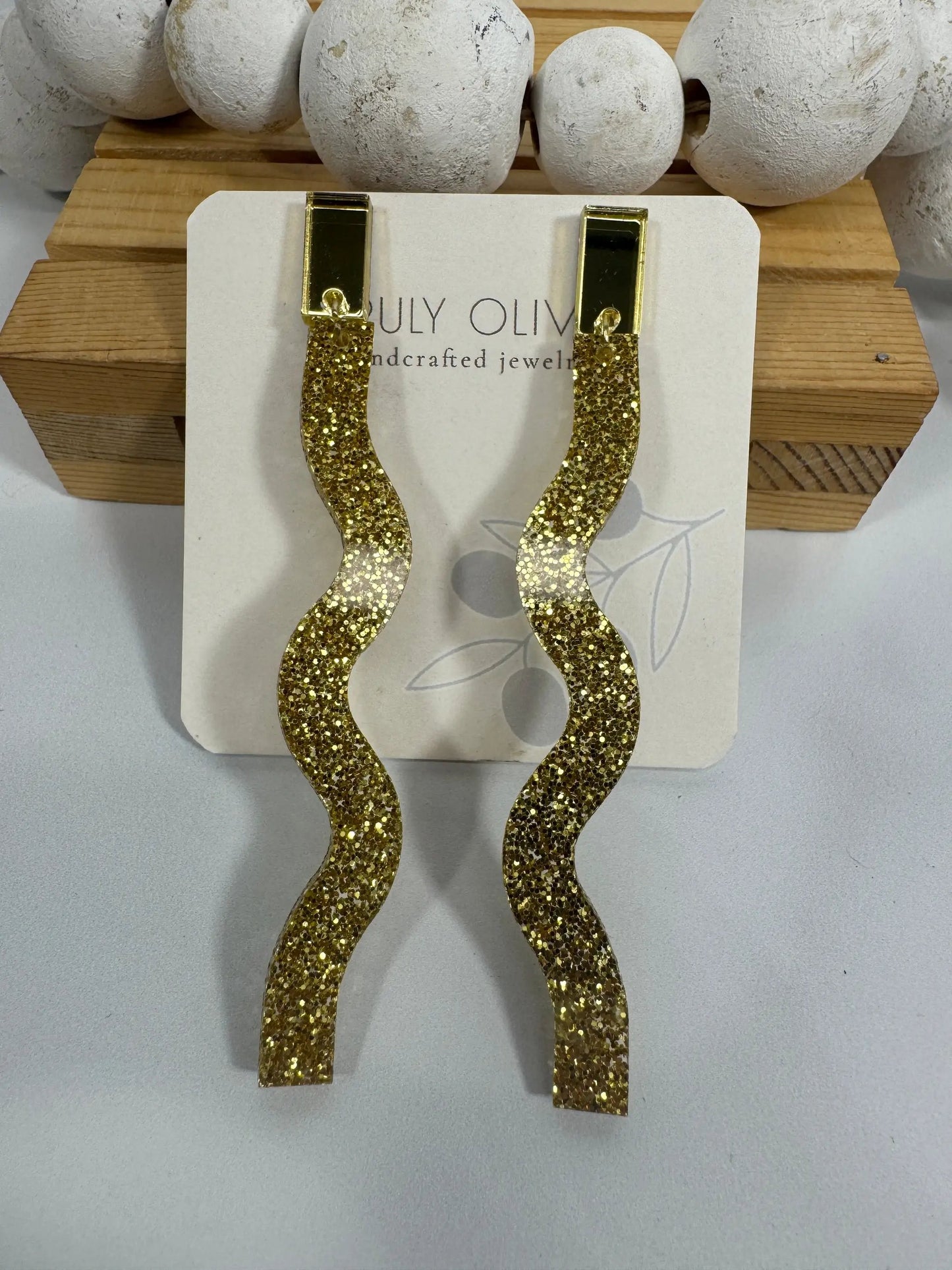 Truly Olive Long Dangle Glitter Gold Acrylic Holiday Earrings - Earrings Dangle Earrings