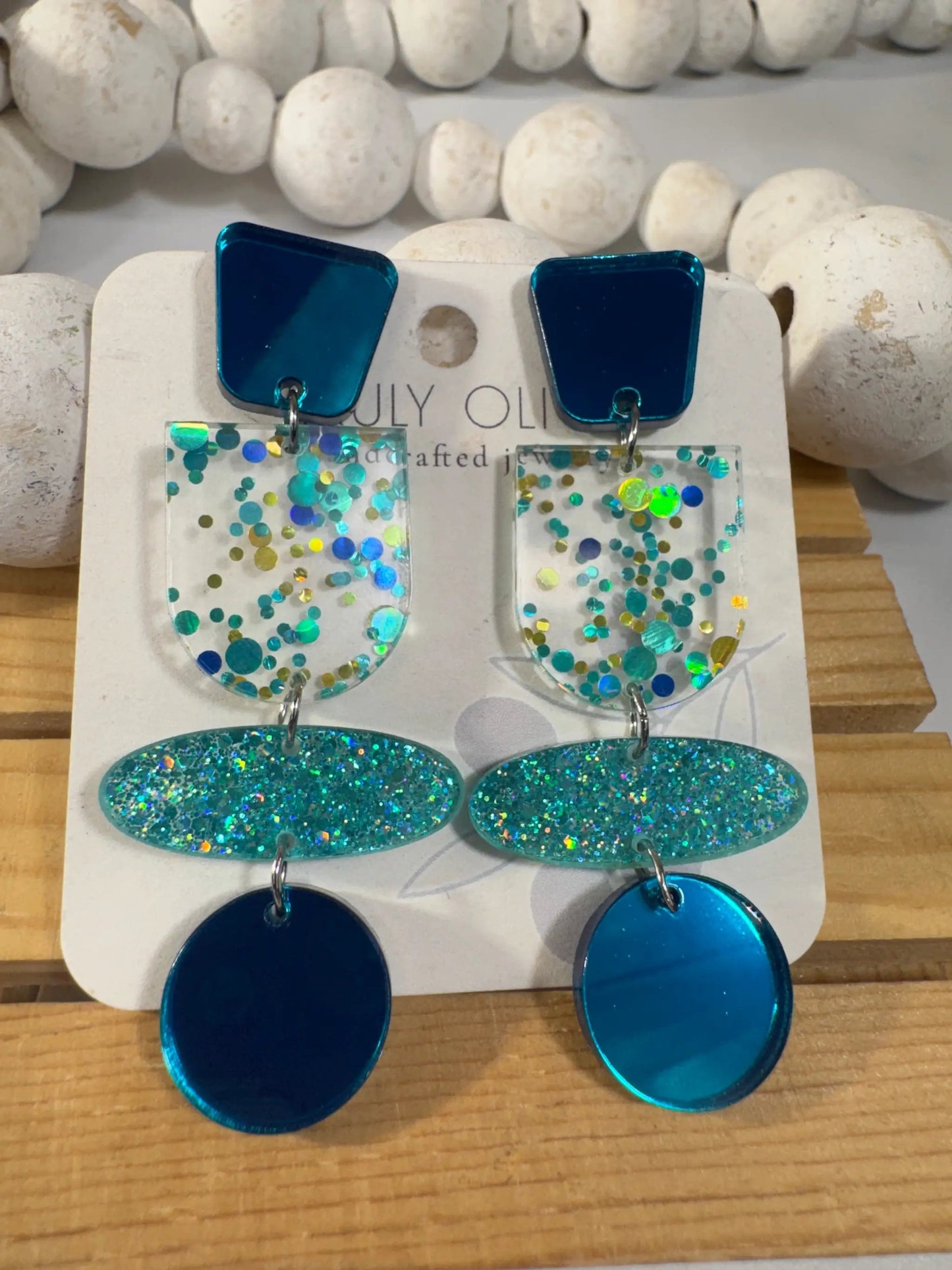 Truly Olive Teal Blue Glitter and Glass Dangle Earrings - Earrings Stud/Post Earrings