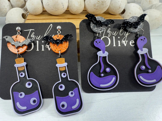 Truly Olive Poison Potion Bottle Halloween Earrings – Spooky Acrylic Dangle Earrings for Women - Earrings Stud/Post Earrings