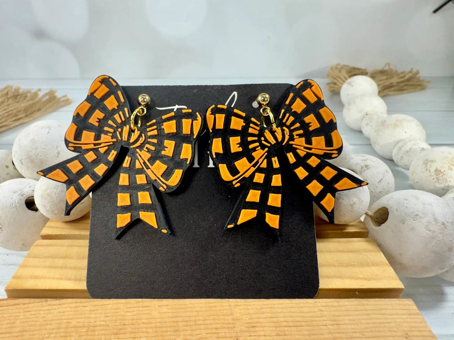 Truly Olive Orange & Black Coquette Bow Earrings – Handmade Halloween Statement Earrings - Earrings Stud/Post Earrings