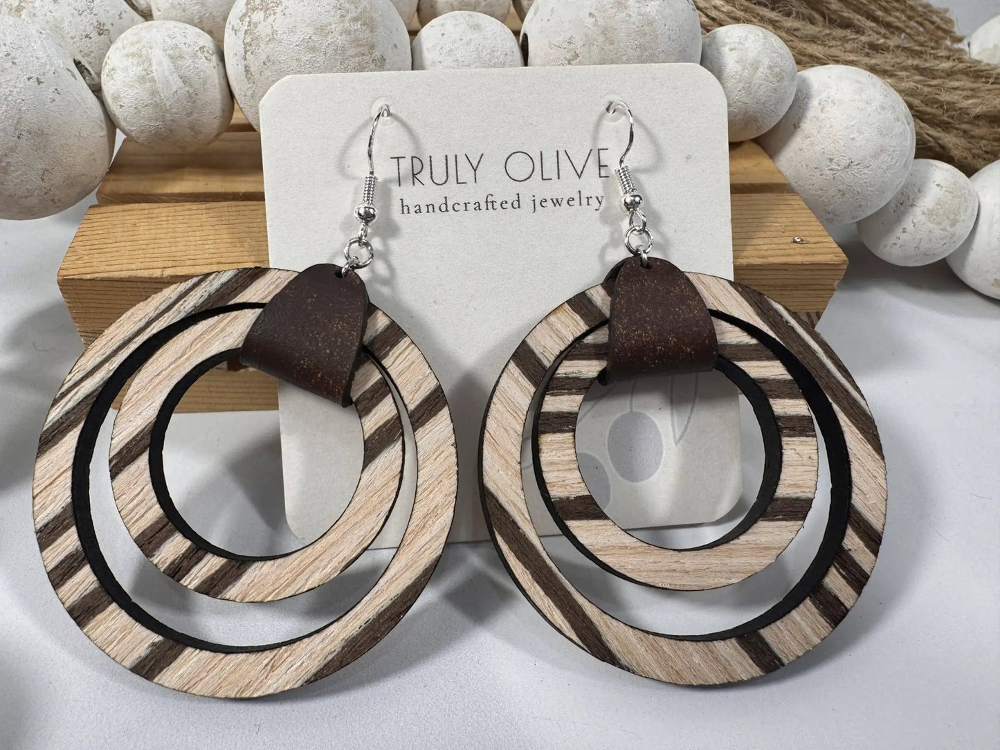 Truly Olive Leather Strap Wooden Hoop Earrings - Earrings Hoop Earrings