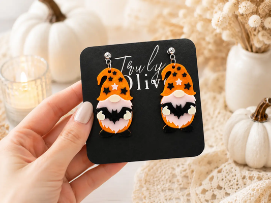 Truly Olive Orange Halloween Gnome Bat Dangle Earrings - Earrings Dangle Earrings