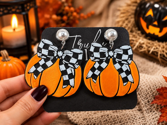 Truly Olive Checkered Bow Pumpkin Earrings For Halloween Style - Earrings Stud/Post Earrings