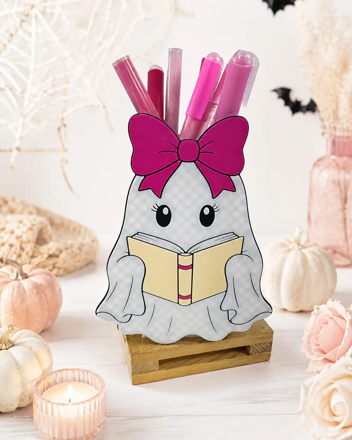 Truly Olive Bookish Ghost Pen Holder | Pink Bow Halloween Desk Organizer - Pen Holders Desk Pen Holders