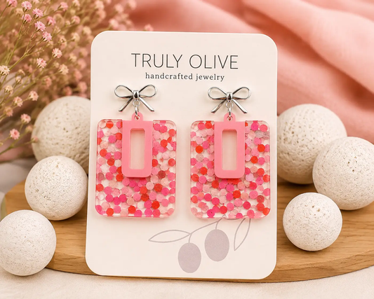 Truly Olive Cutie Pink and Red Polk A Dots Bow Dangles - Earrings Stud/Post Earrings