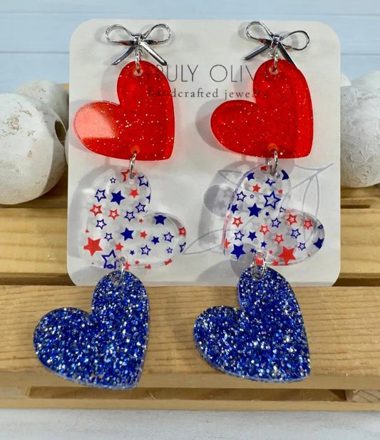Truly Olive Red White and Blue Heart Dangles - Earrings Dangle Earrings