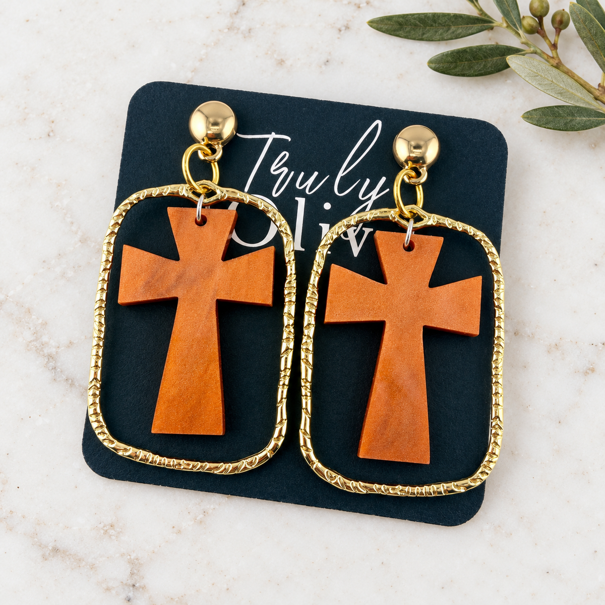 Trulyolive Brown Cross Statement Earrings With Textured Gold Frame - Earrings