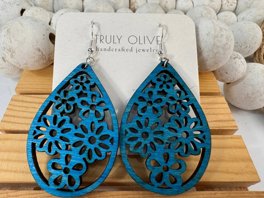 Truly Olive Stunning Wood Mandala Earrings in a Unique Teardrop Shape - Earrings Dangle Earrings