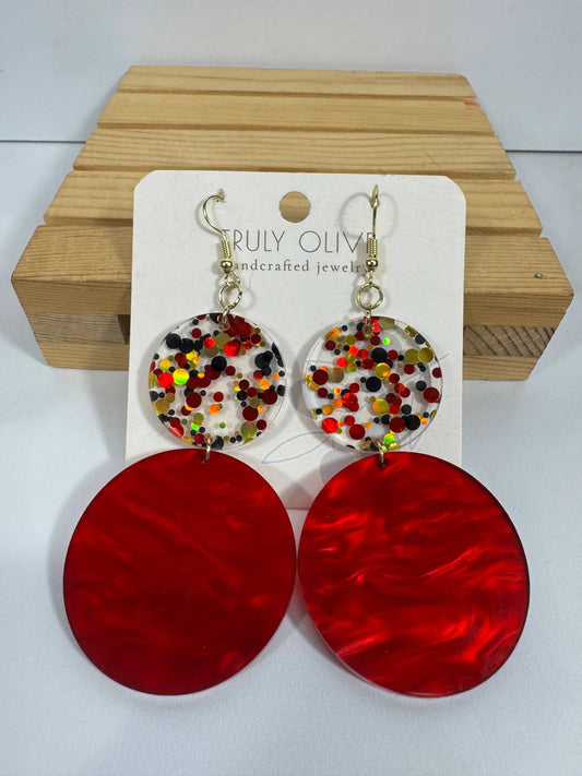 Truly Olive Red and Confetti Acrylic Earrings - Earrings Dangle Earrings