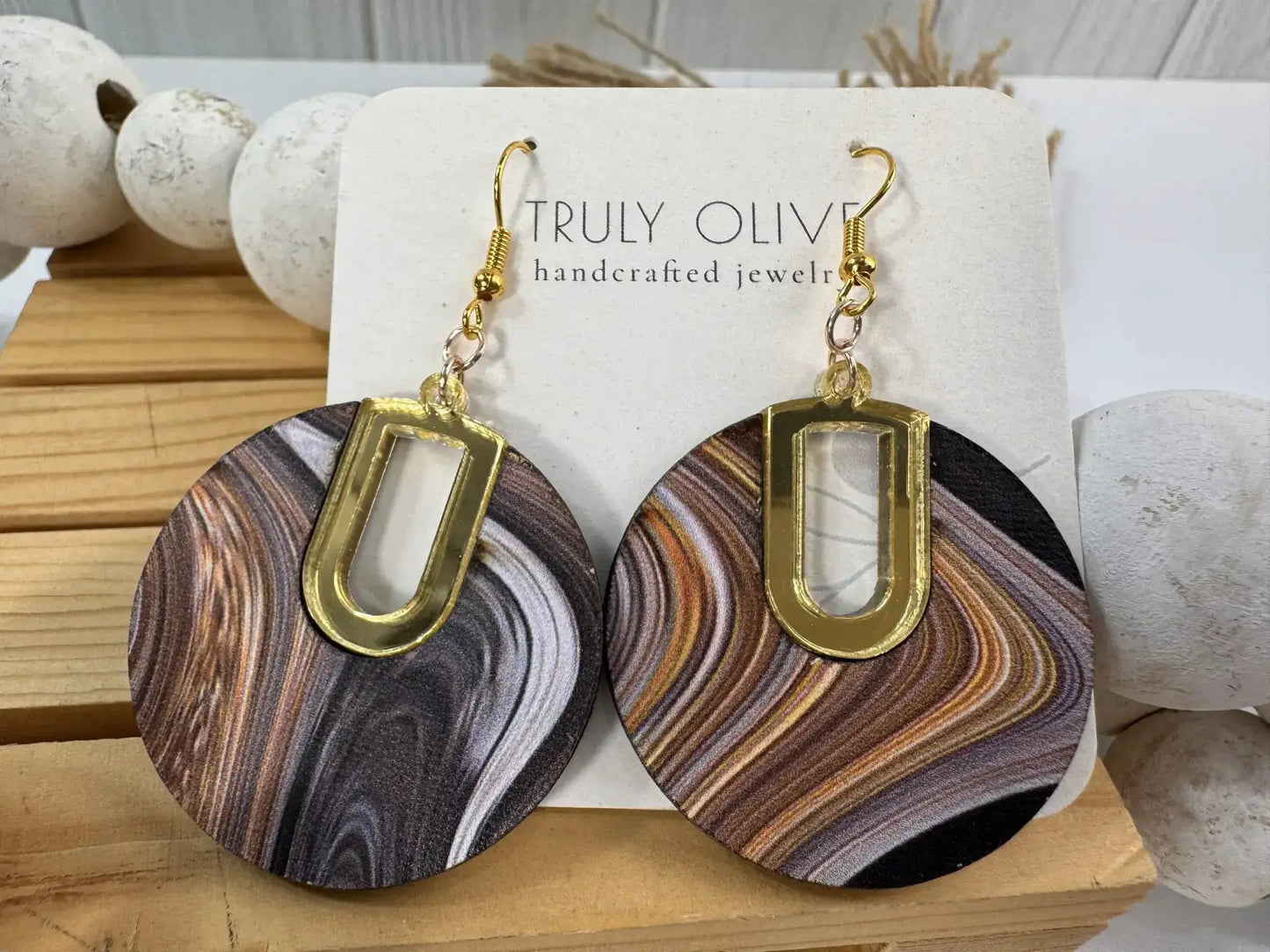 Truly Olive Vintage Swirl Pattern Wood Earrings - Earrings Dangle Earrings