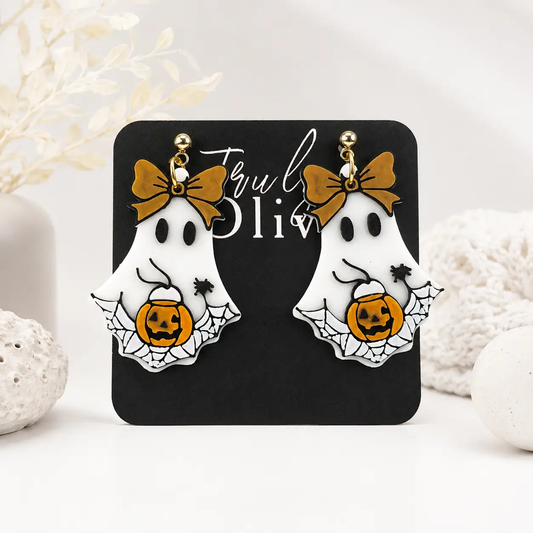 Truly Olive Trick Or Treat Ghost Halloween Statement Earrings with Pumpkin & Bow - Earrings Dangle Earrings
