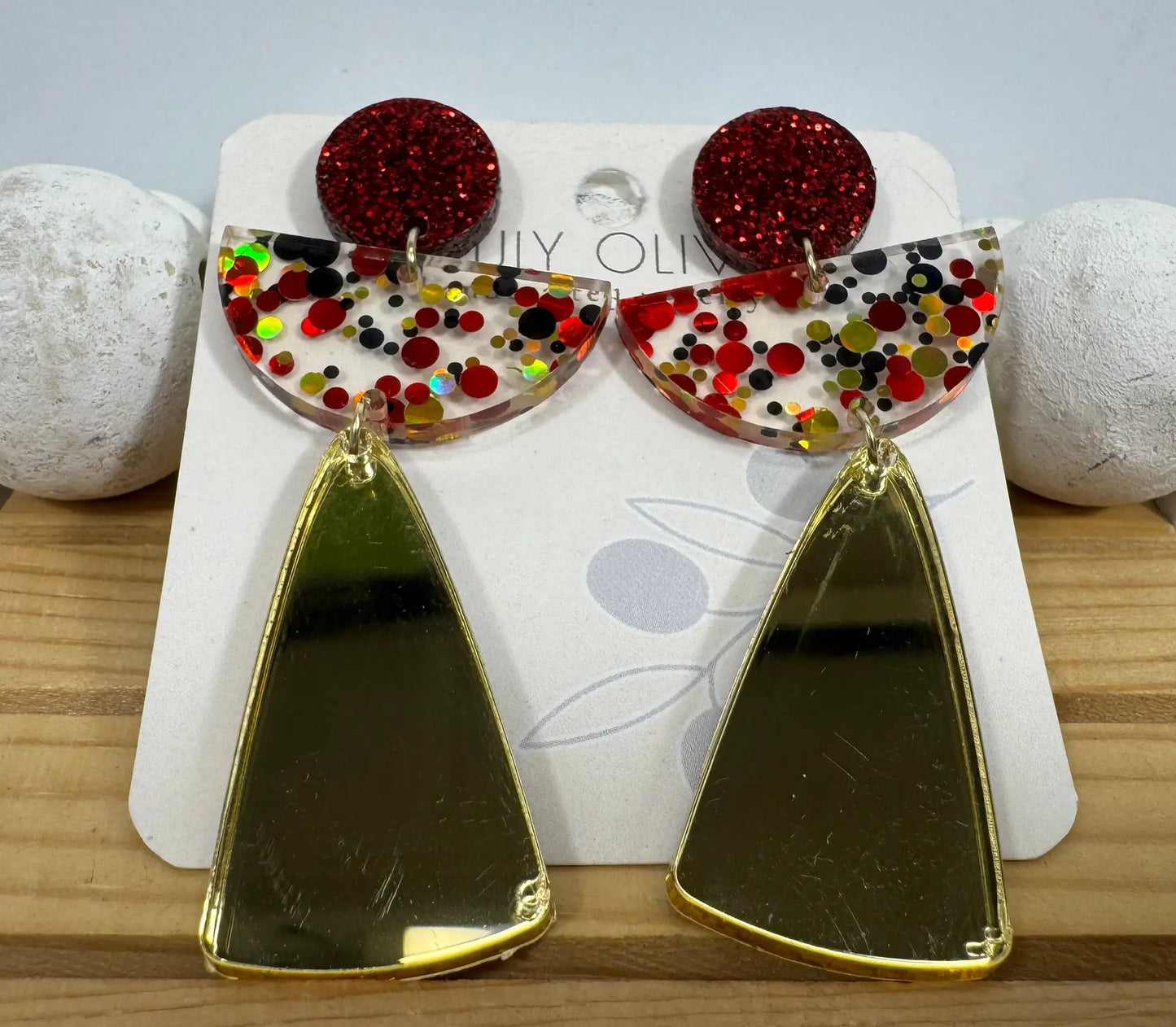Truly Olive Red and Gold Angel Acrylic Confetti Holiday Earrings - Earrings Dangle Earrings