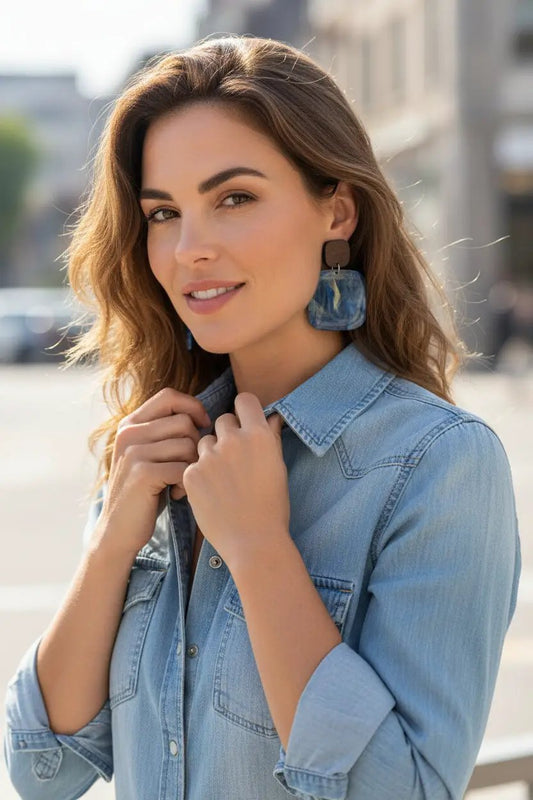 Truly Olive Blue Swirl and Walnut Wood Handcrafted Statement Earrings - Earrings Stud/Post Earrings