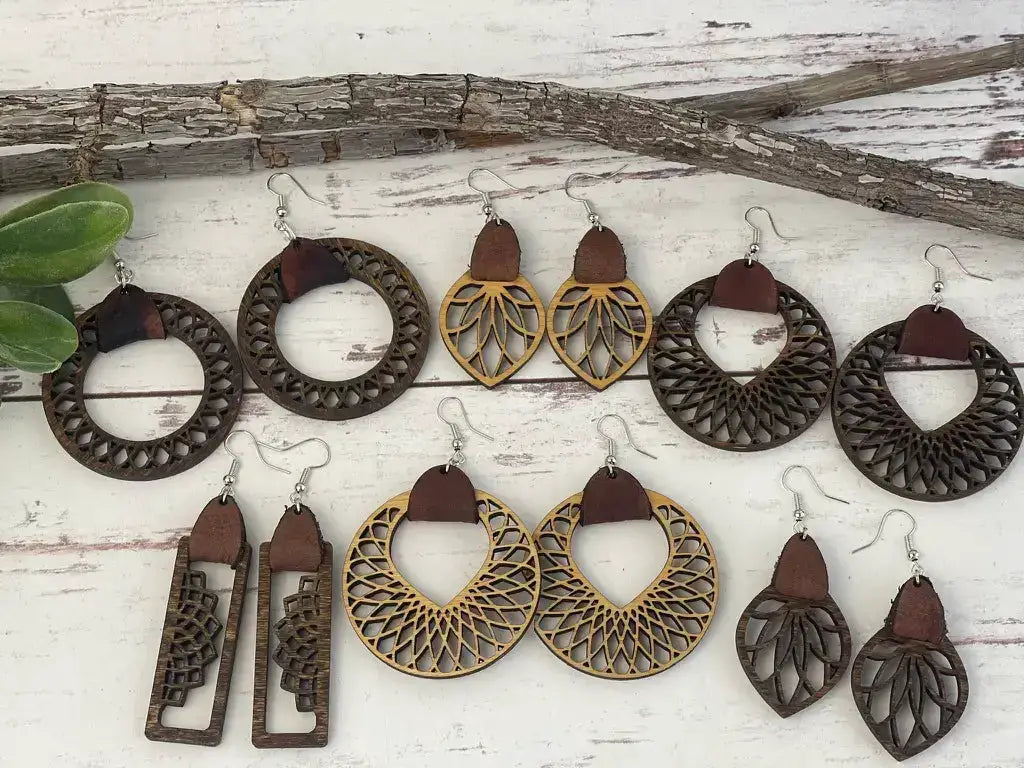 Truly Olive Leather and Wood Filigree Earrings - Earrings Dangle Earrings