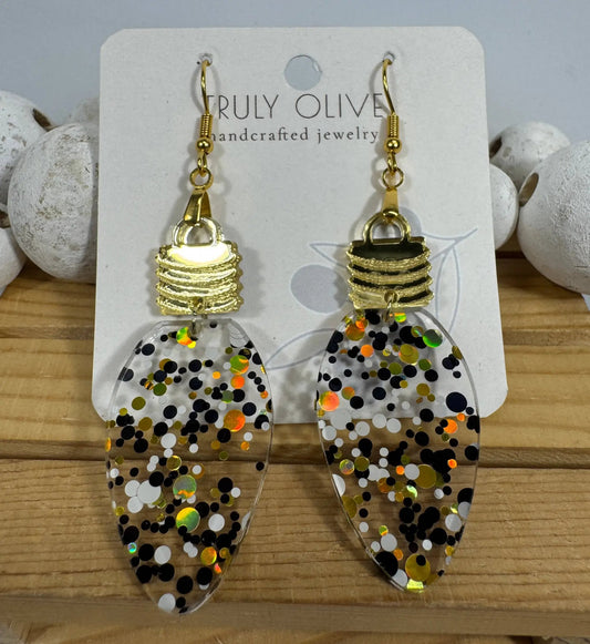 Truly Olive Cute Gold Black and White Christmas Lightbulb Earrings - Earrings Dangle Earrings