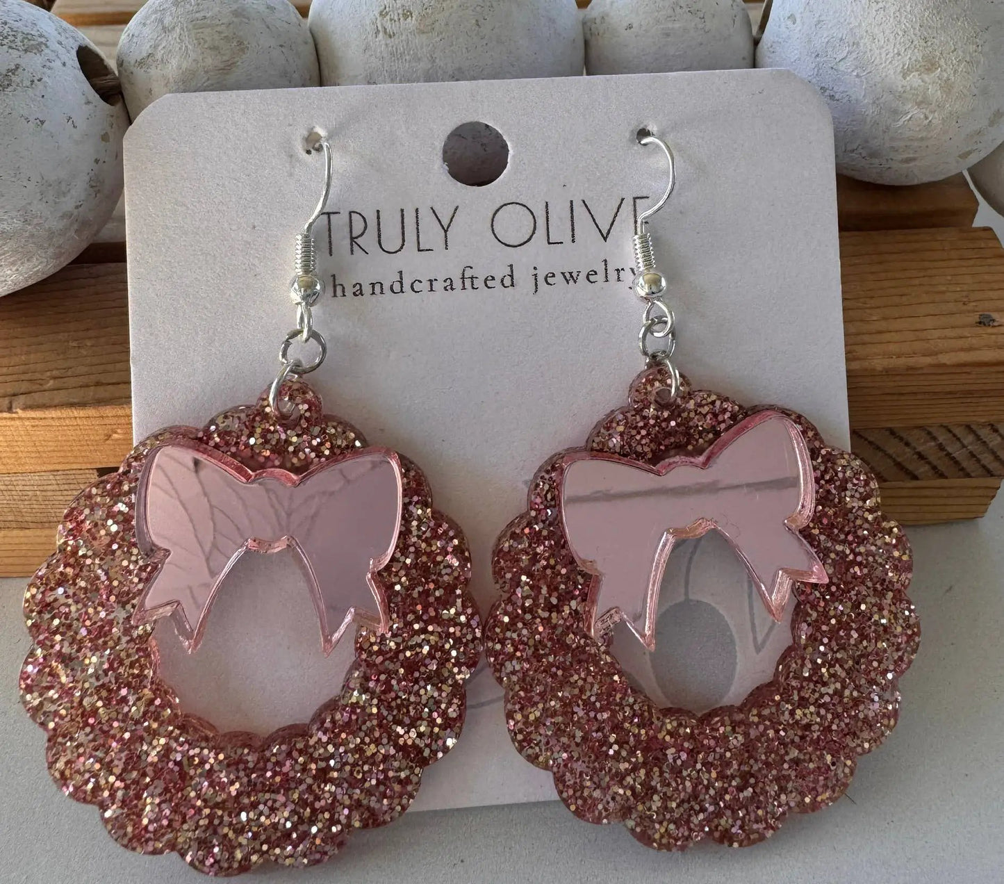 Truly Olive Pink Mirrored Acrylic Christmas Wreath - Earrings Dangle Earrings