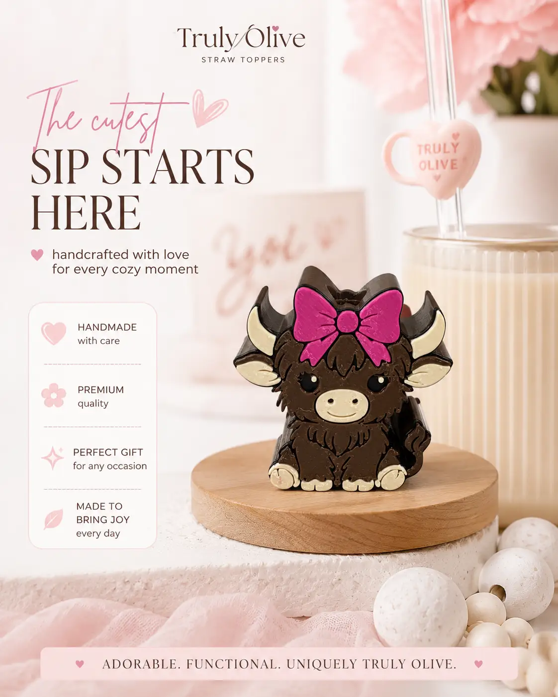 Truly Olive Highland Cow Straw Topper | Pink Bow Tumbler Straw Accessory - Drinking Straws & Stirrers Straw Toppers