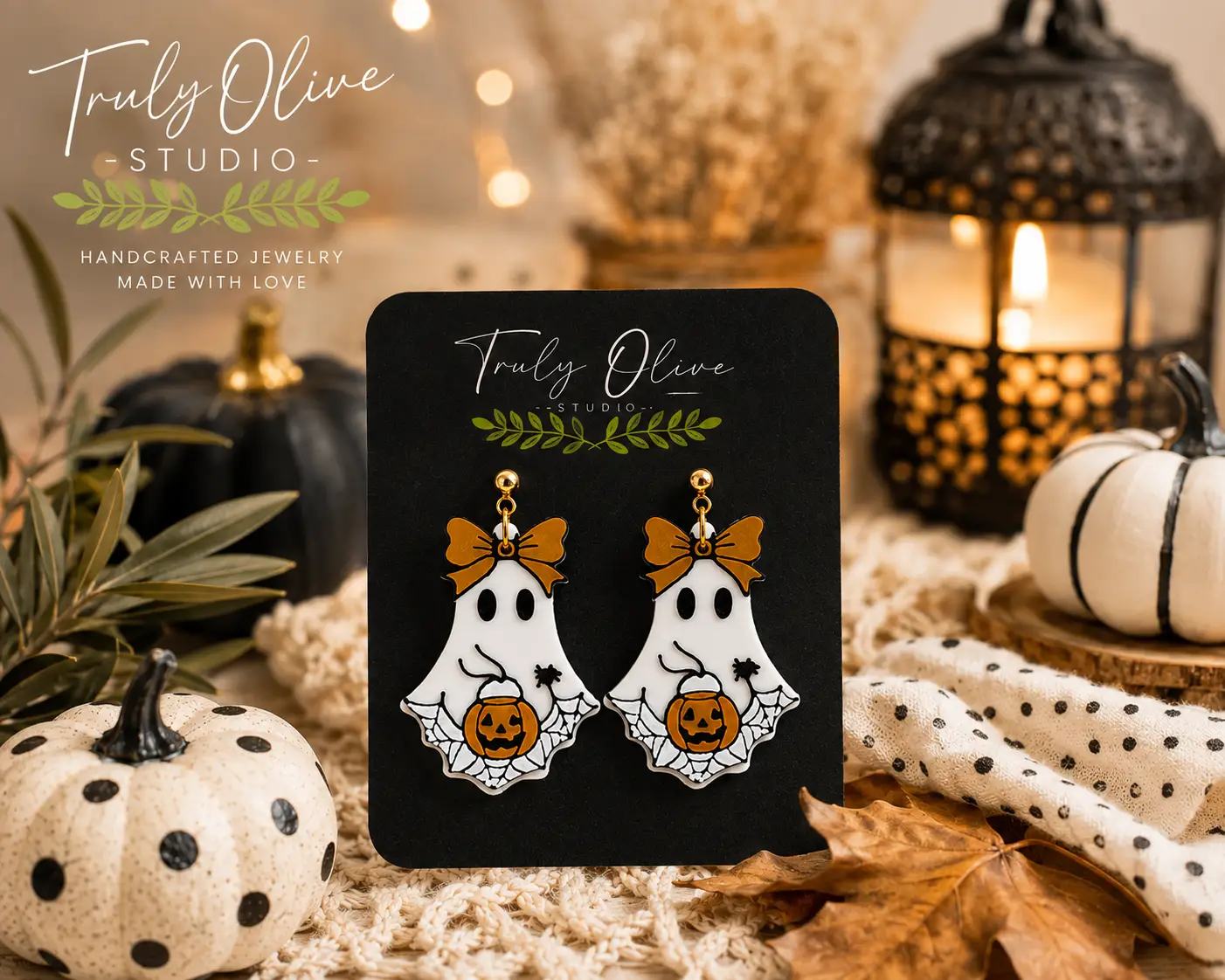 Truly Olive Trick Or Treat Ghost Halloween Statement Earrings with Pumpkin & Bow - Earrings Dangle Earrings