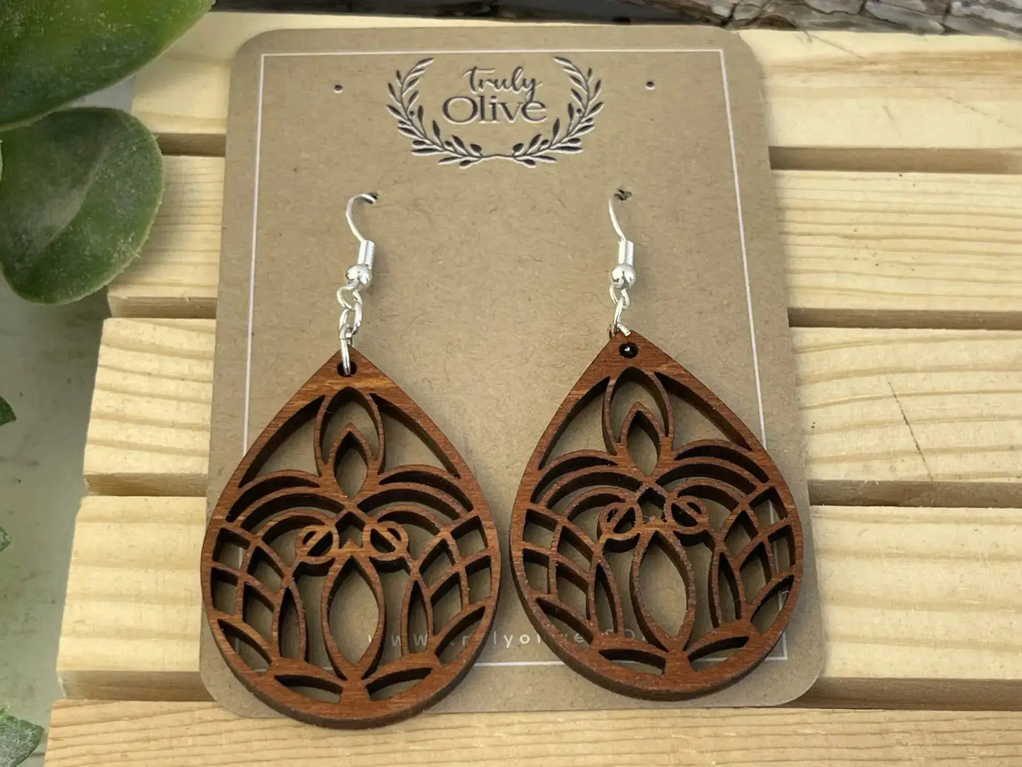 Truly Olive Small Mandala Wood Earrings - Earrings Dangle Earrings