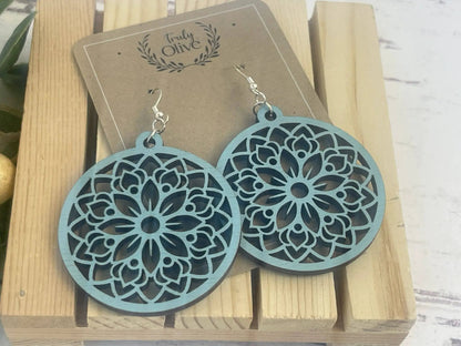 Truly Olive Circle Shape Lightweight Wood Mandala Earrings - Earrings Dangle Earrings