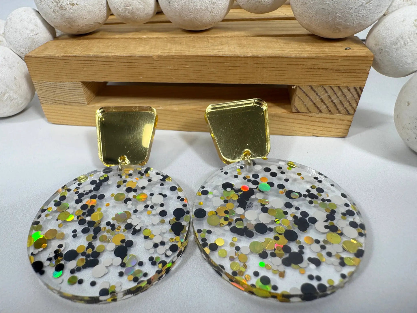 Truly Olive Tiered Circle Gold Black White Acrylic Christmas Earrings - Earrings Stud/Post Earrings