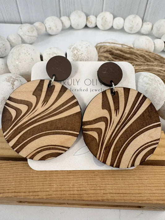 Truly Olive Engraved Wood Earrings - Earrings Dangle Earrings