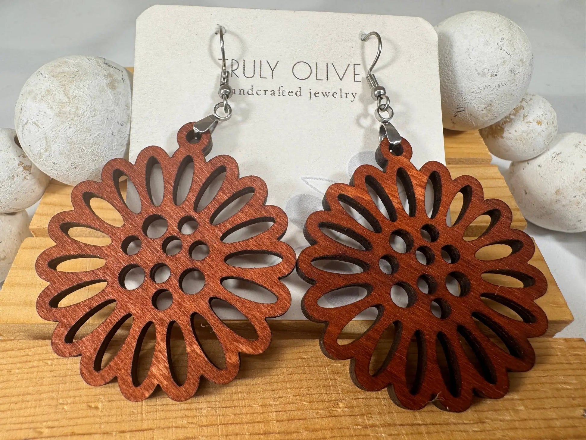 Truly Olive Flower Shape Wooden Lightweight Earrings - Earrings Dangle Earrings