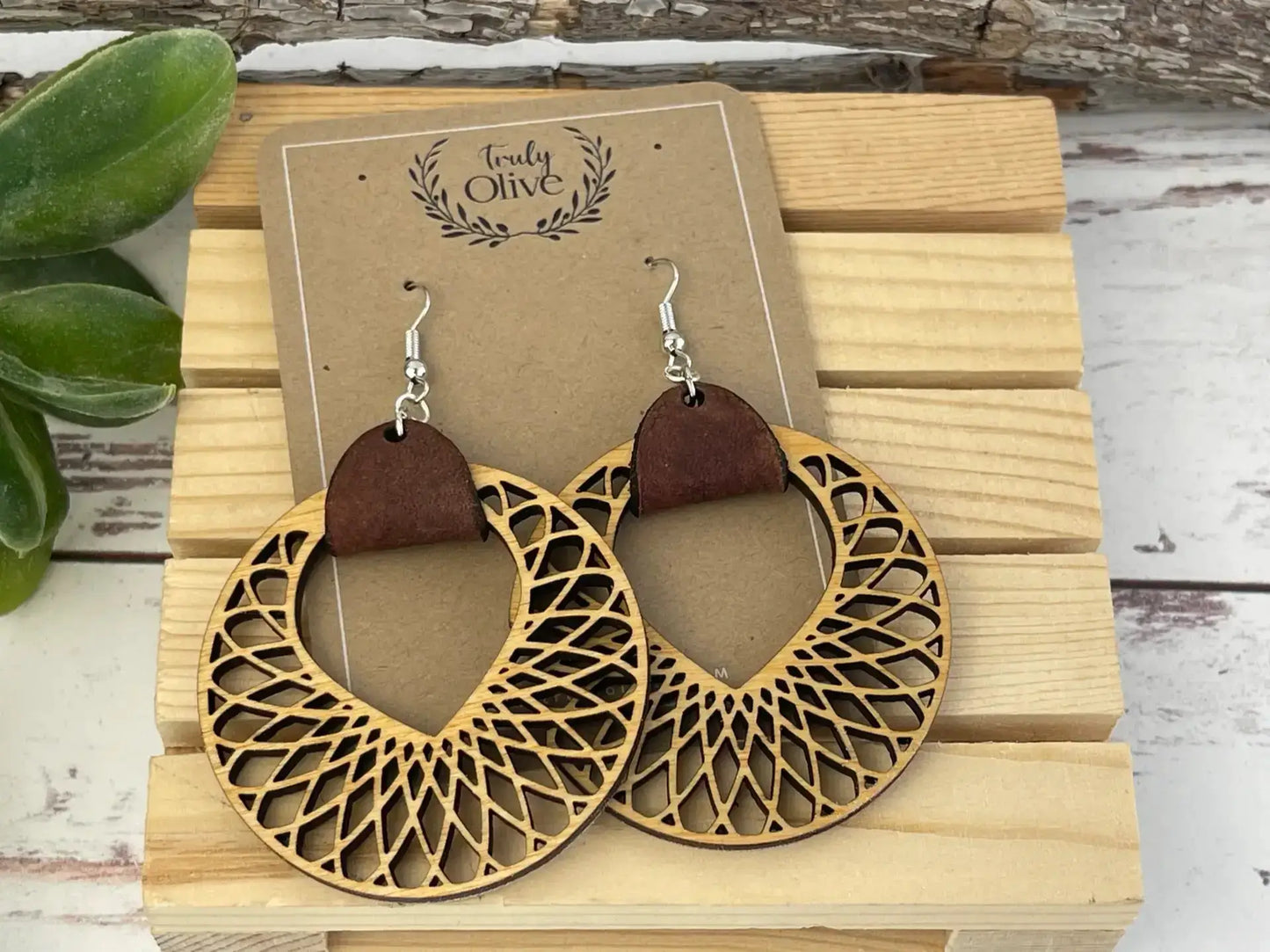 Truly Olive Leather and Wood Hoop Earrings - Earrings Dangle Earrings
