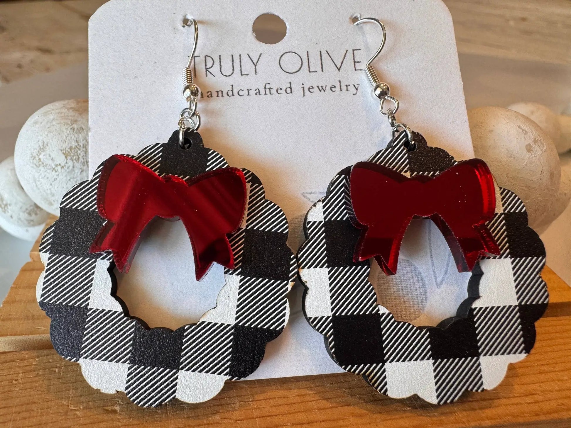 Truly Olive Black and White Buffalo Plaid Christmas Wreath Earrings - Earrings Dangle Earrings
