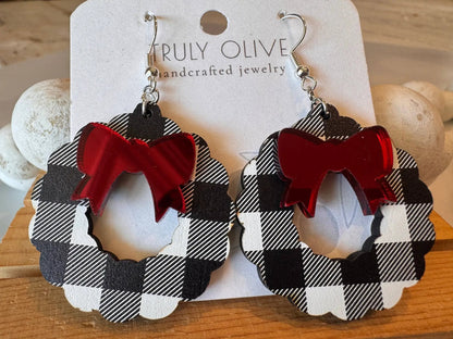 Truly Olive Black and White Buffalo Plaid Christmas Wreath Earrings - Earrings Dangle Earrings