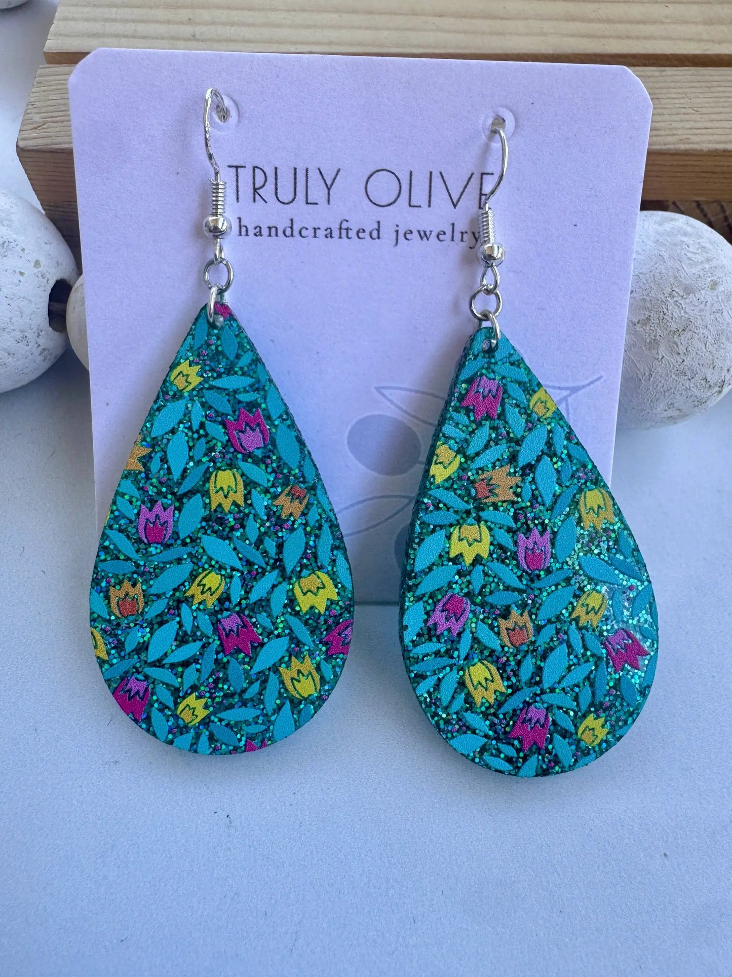 Truly Olive Blue Sparkle Flower Pattern Acrylic Earrings - Earrings Dangle Earrings