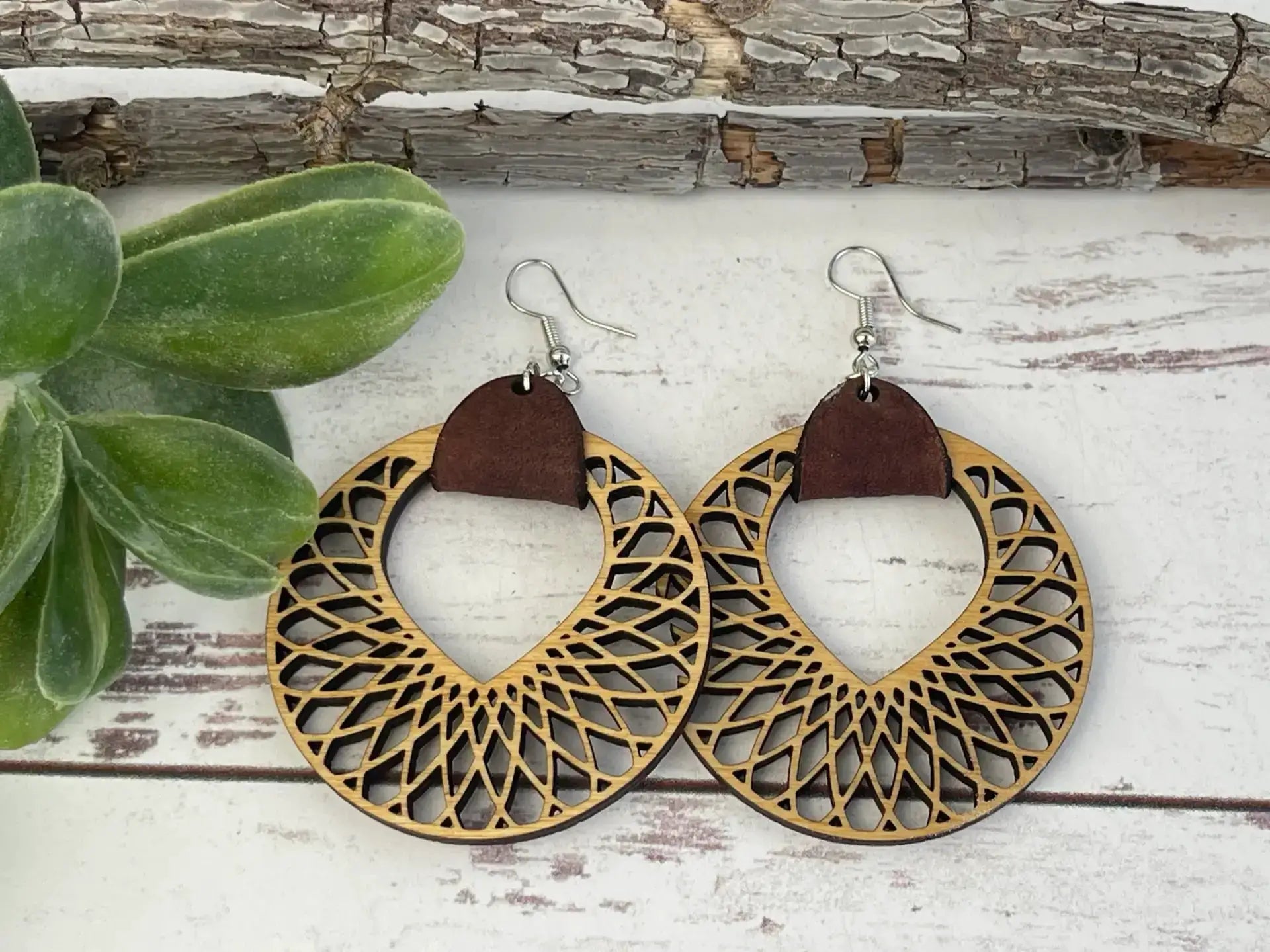 Truly Olive Leather and Wood Hoop Earrings - Earrings Dangle Earrings