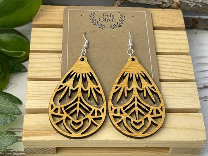 Truly Olive Vintage Wood Mandala Earrings Teardrops - Earrings Dangle Earrings