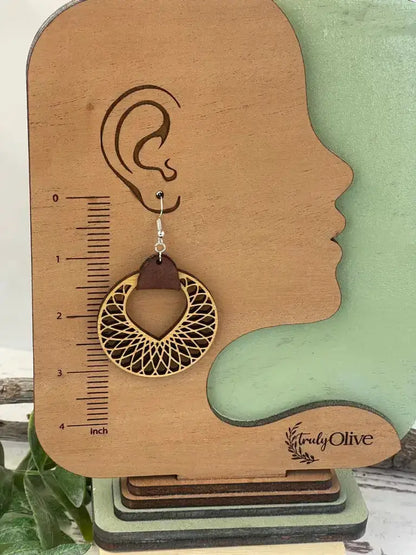 Truly Olive Leather and Wood Hoop Earrings - Earrings Dangle Earrings