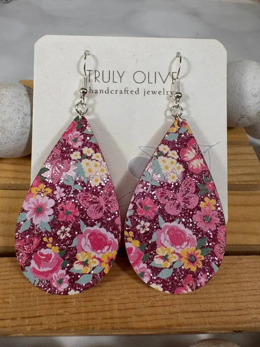 Truly Olive Pink Glitter Flower Pattern Acrylic Earrings - Earrings Dangle Earrings