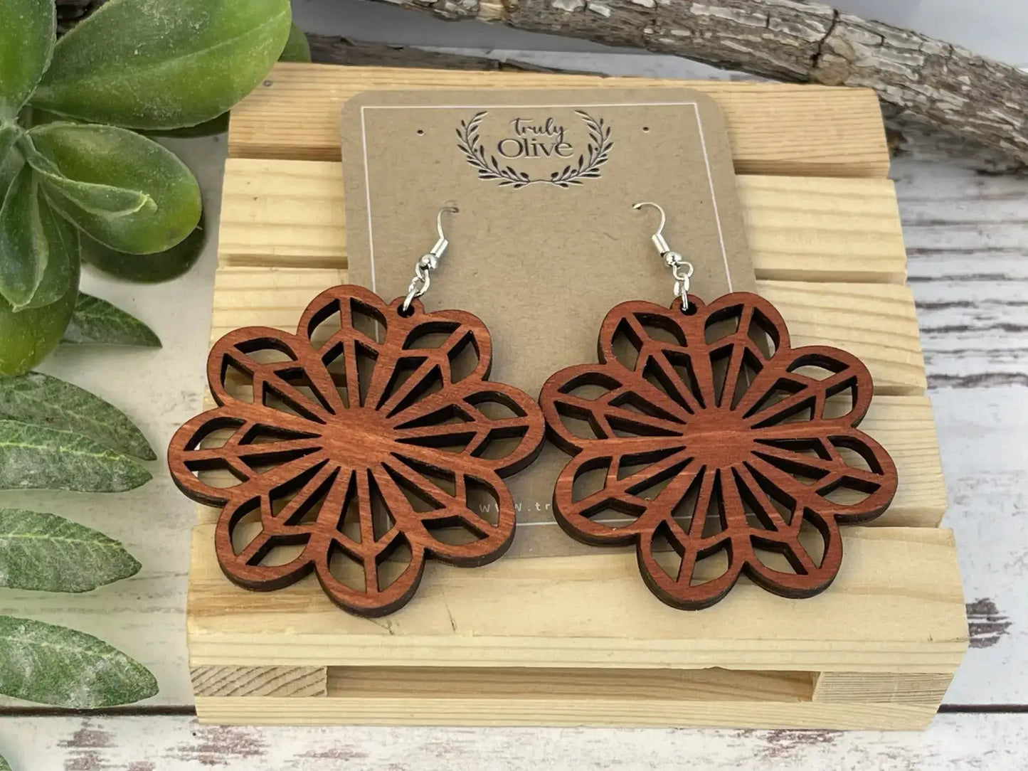 Truly Olive Wooden Boho Statement Earrings - Earrings Dangle Earrings