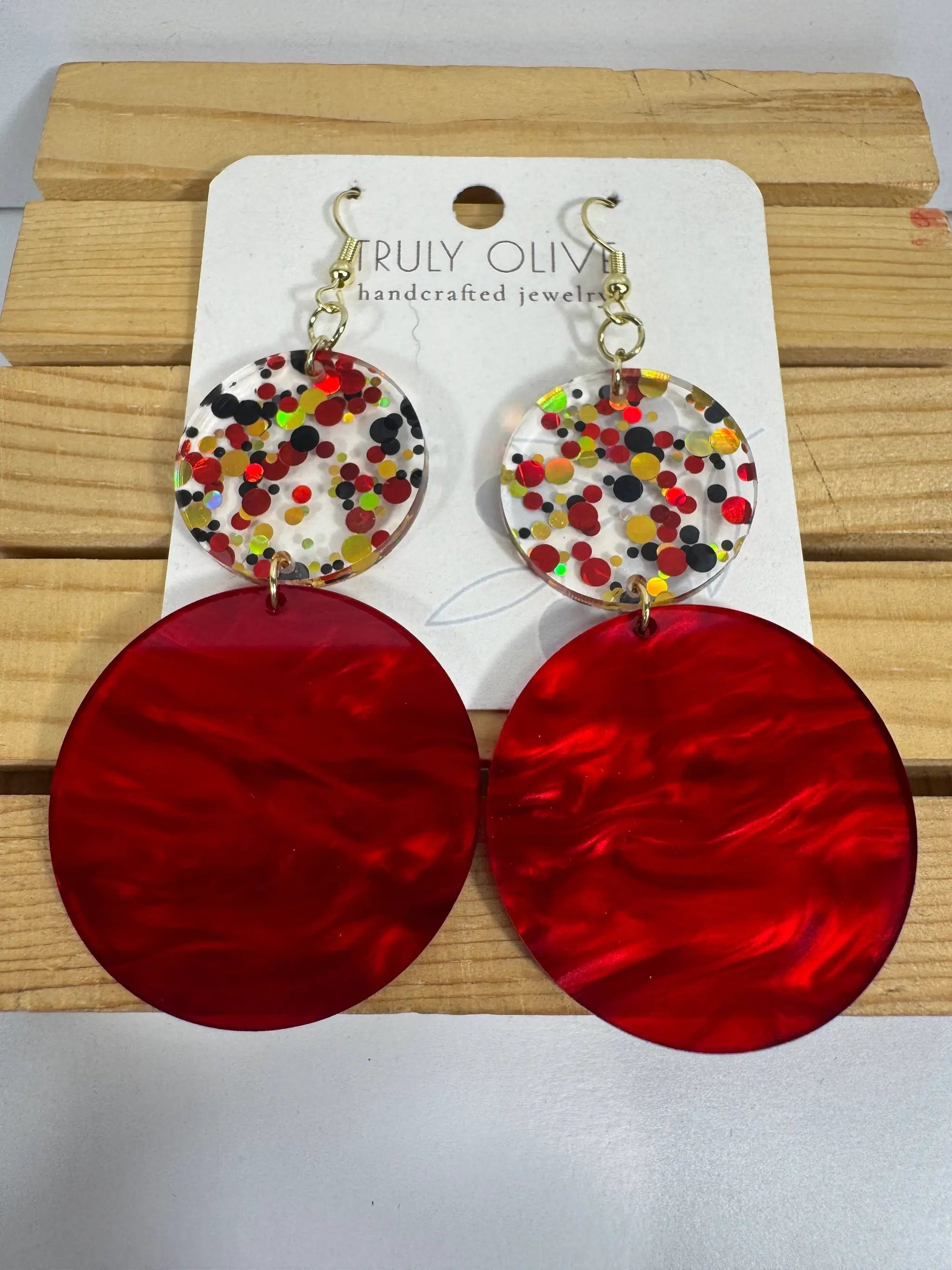 Truly Olive Red and Confetti Acrylic Earrings - Earrings Dangle Earrings