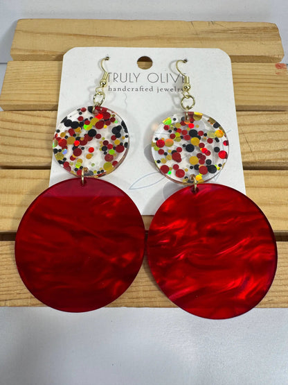 Truly Olive Red and Confetti Acrylic Earrings - Earrings Dangle Earrings